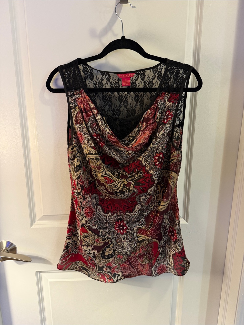Sunny Leigh Red Paisley Lace-Trim Cowl Neck Camisole